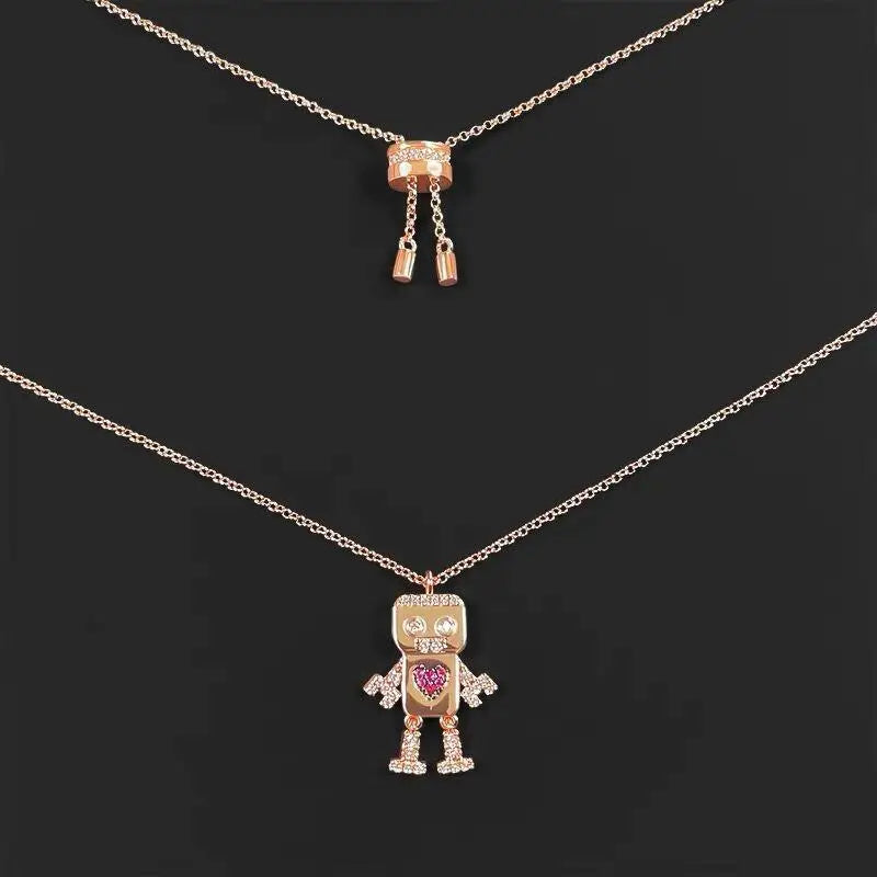 Pink Love Robot Necklace Female Zirconia Heart Necklaces Women Jewelry