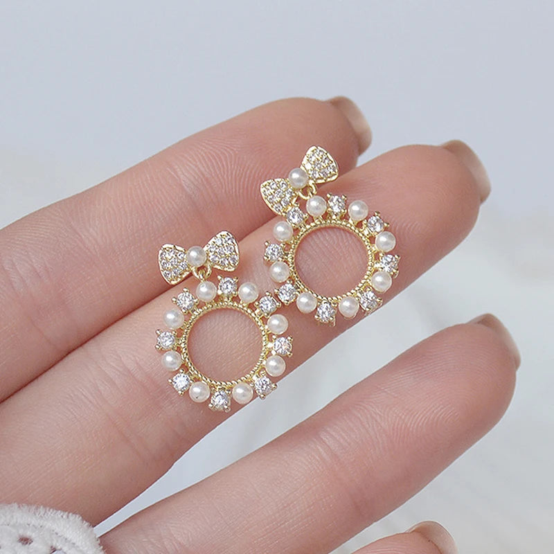 Tiny Pearls Bowknot Earring for Women - CZ Stud Earrings