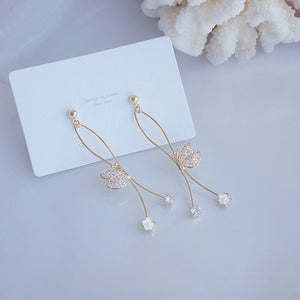 Long Butterfly Earrings with Zircon Flower Charm