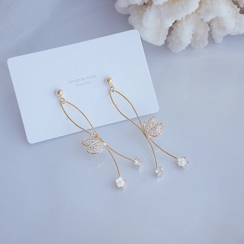 Long Butterfly Earrings with Zircon Flower Charm