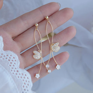 Long Butterfly Earrings with Zircon Flower Charm