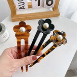 French Style 13.5CM Acetate Hair Sticks Retro Flower Pearl U Shaped Hairpins