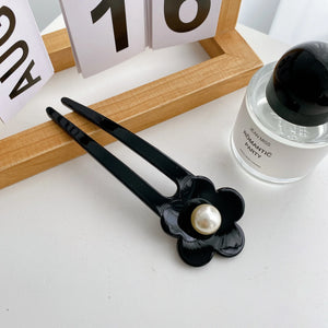 French Style 13.5CM Acetate Hair Sticks Retro Flower Pearl U Shaped Hairpins