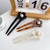 French Style 13.5CM Acetate Hair Sticks Retro Flower Pearl U Shaped Hairpins