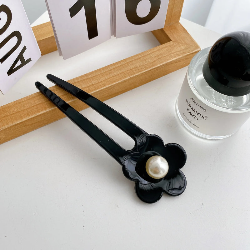French Style 13.5CM Acetate Hair Sticks Retro Flower Pearl U Shaped Hairpins