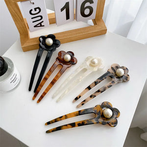 French Style 13.5CM Acetate Hair Sticks Retro Flower Pearl U Shaped Hairpins