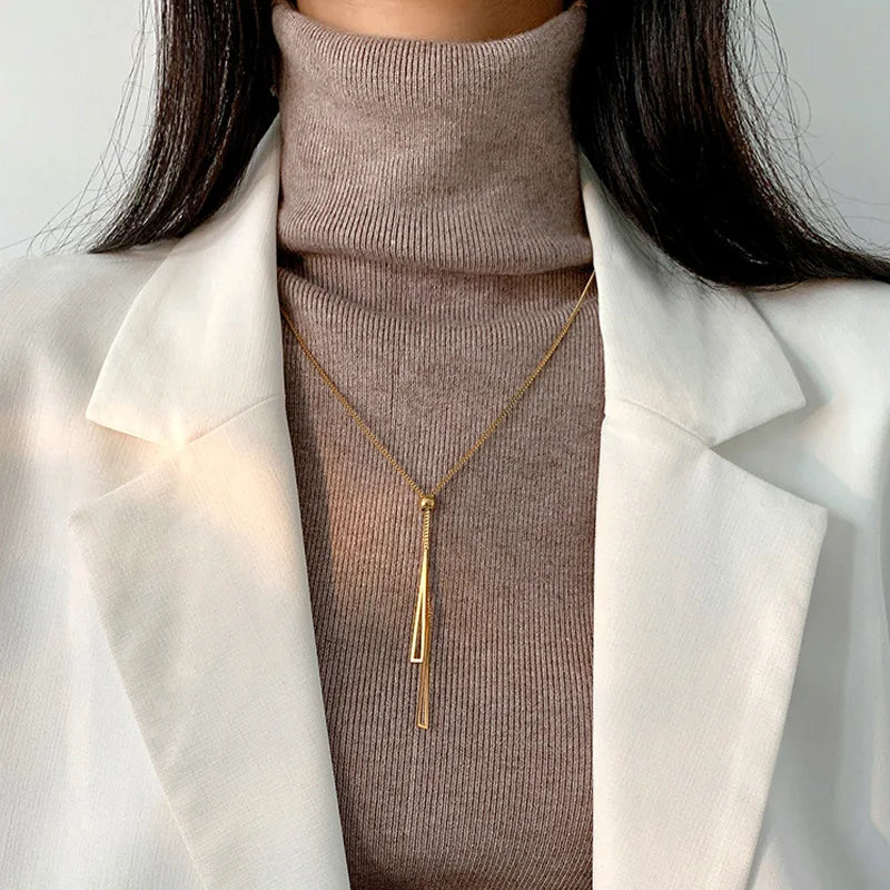 Long Tassel Pendant Necklace 18k Titanium Rose Chain for Women