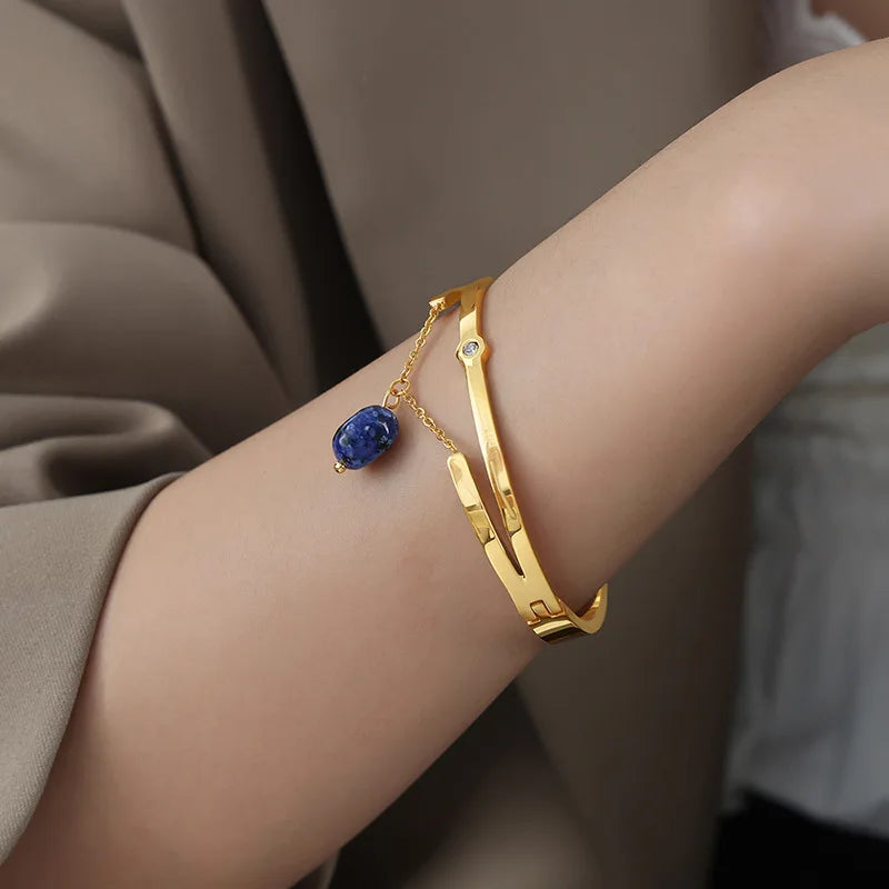18K Plated Stainless Steel Bangle with Natural Stone Charms