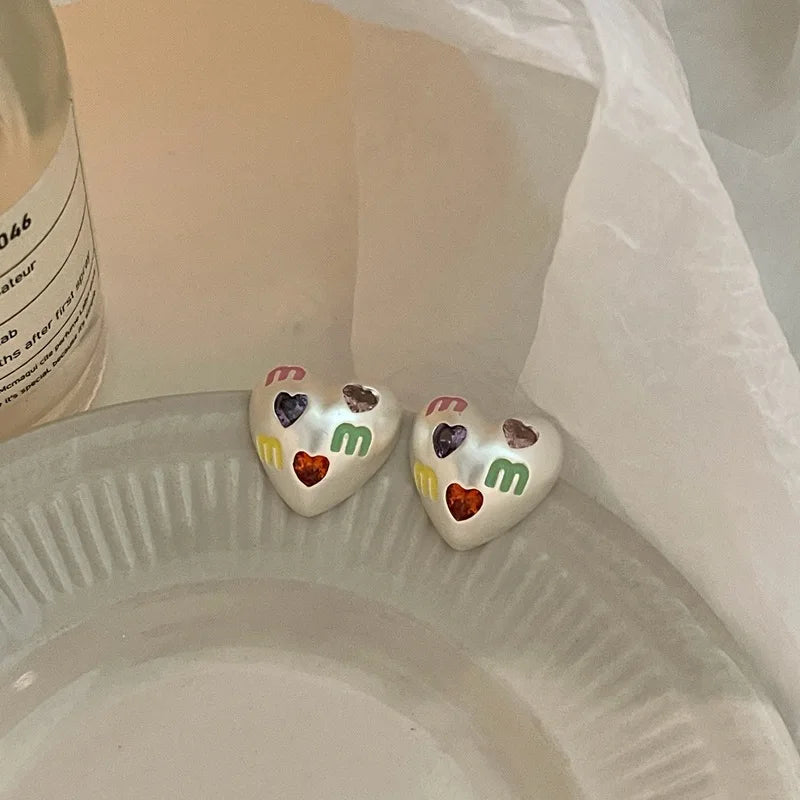 Ins French Love Heart M Zircon Earrings Women Party Jewelry