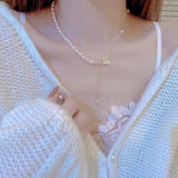 Romantic Freshwater Pearls Necklace Choker with Zirconia Butterfly Pendant