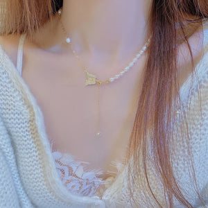 Romantic Freshwater Pearls Necklace Choker with Zirconia Butterfly Pendant