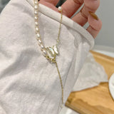 Romantic Freshwater Pearls Necklace Choker with Zirconia Butterfly Pendant