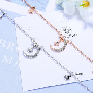 Silver Star Moon Anklets Bracelet for Women Star Tassel CZ Zircon Chain