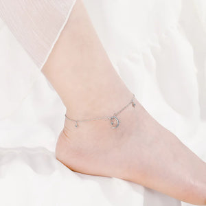 Silver Star Moon Anklets Bracelet for Women Star Tassel CZ Zircon Chain