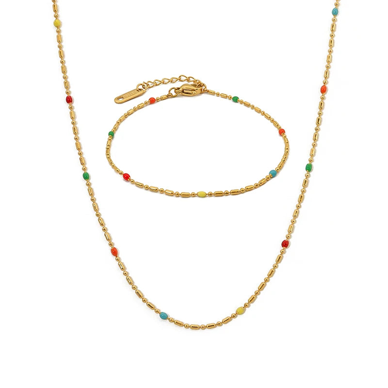 Stainless Steel Enamel Drop Choker Necklace and Bracelet Set
