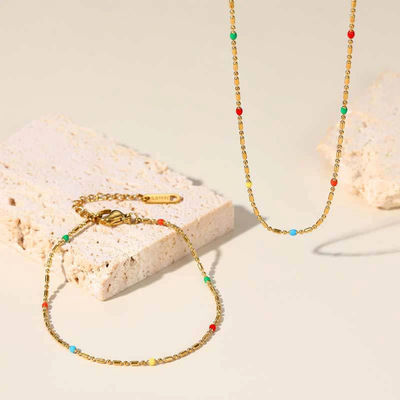 Stainless Steel Enamel Drop Choker Necklace and Bracelet Set