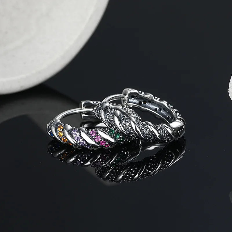 Vintage Thai Silver Zircon Stripe Earrings for Woman Girls