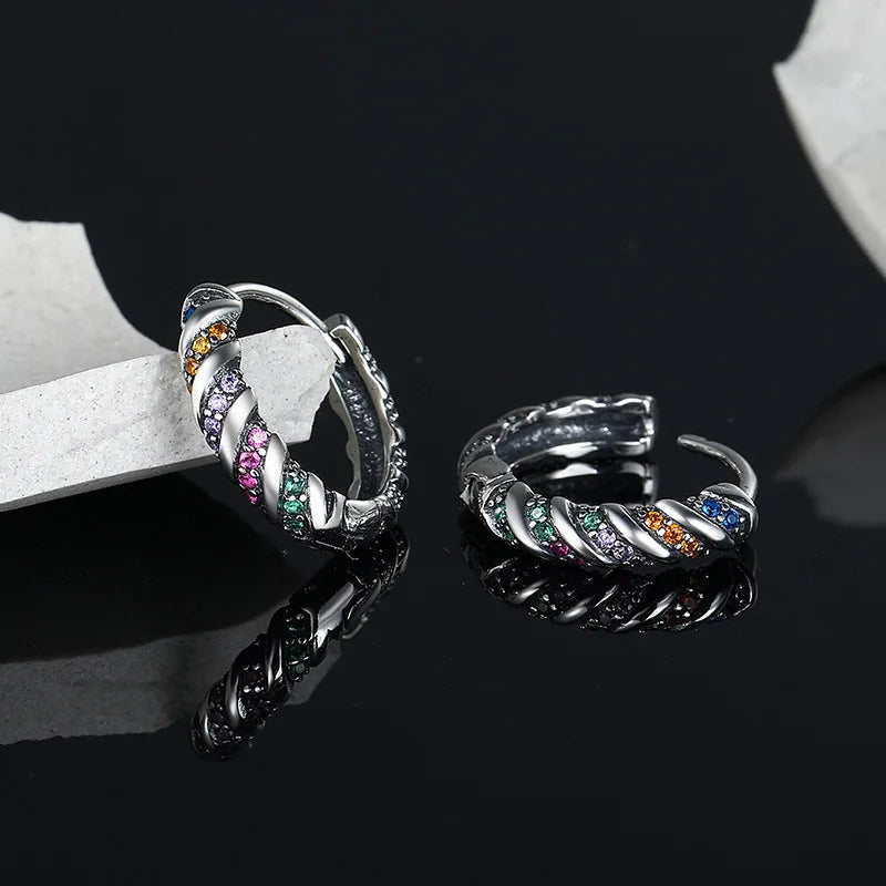 Vintage Thai Silver Zircon Stripe Earrings for Woman Girls