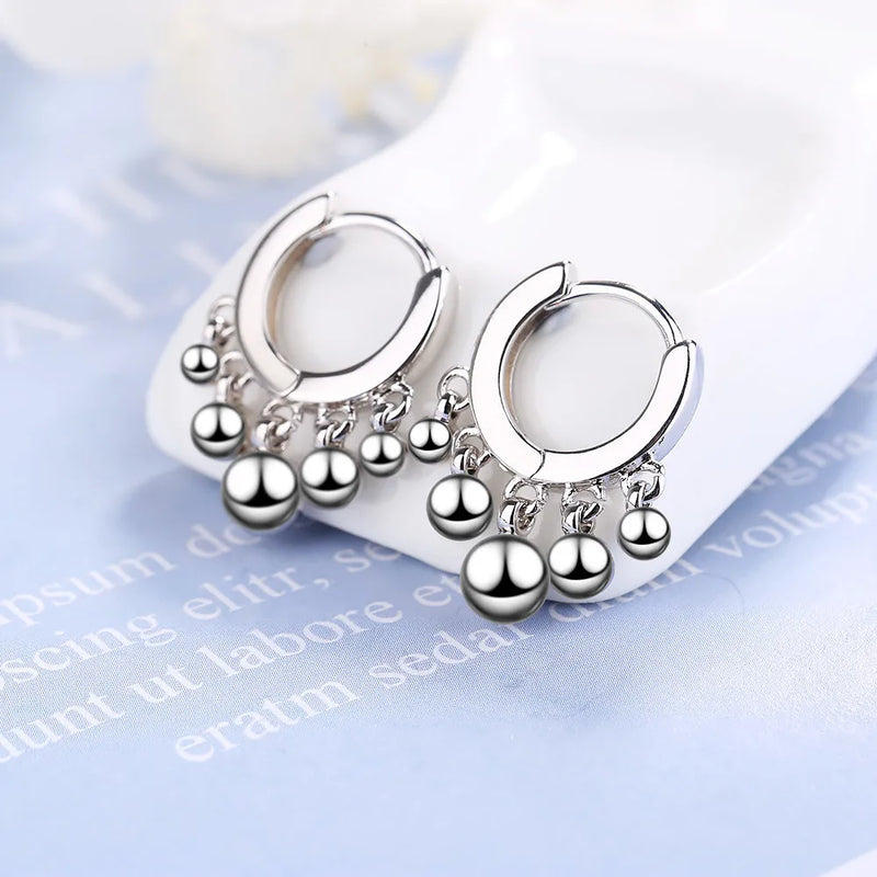 925 Silver Beads Tassel Hoop Earrings for Women