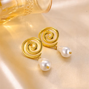Stainless Steel Swirl Freshwater Pearl Pendant Earrings Gold-plated