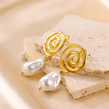 Stainless Steel Swirl Freshwater Pearl Pendant Earrings Gold-plated