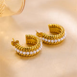 Ins Style Stainless Steel Twist Pearl Earrings C-shaped Gold-plated