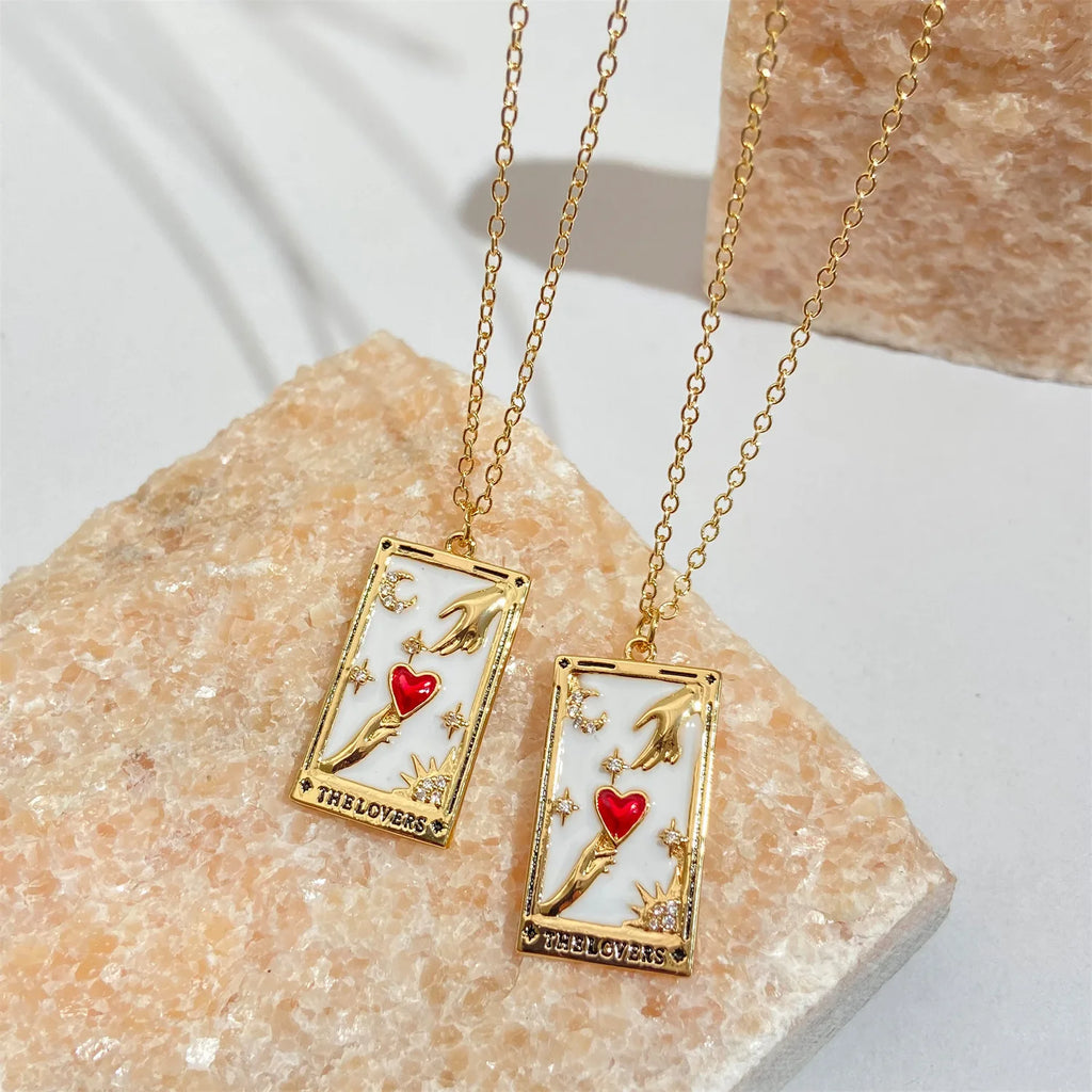 Vintage Tarot Pendant Necklace Gold-plated Square Necklaces For Women Girls