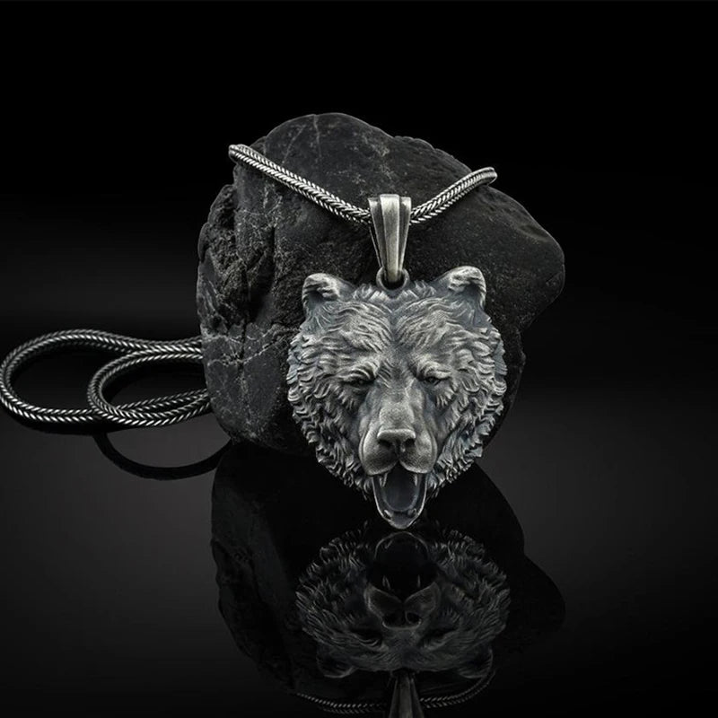 Zodiac Brown Bear Head Pendant Necklace Men's Retro Hip Hop Chain Necklace