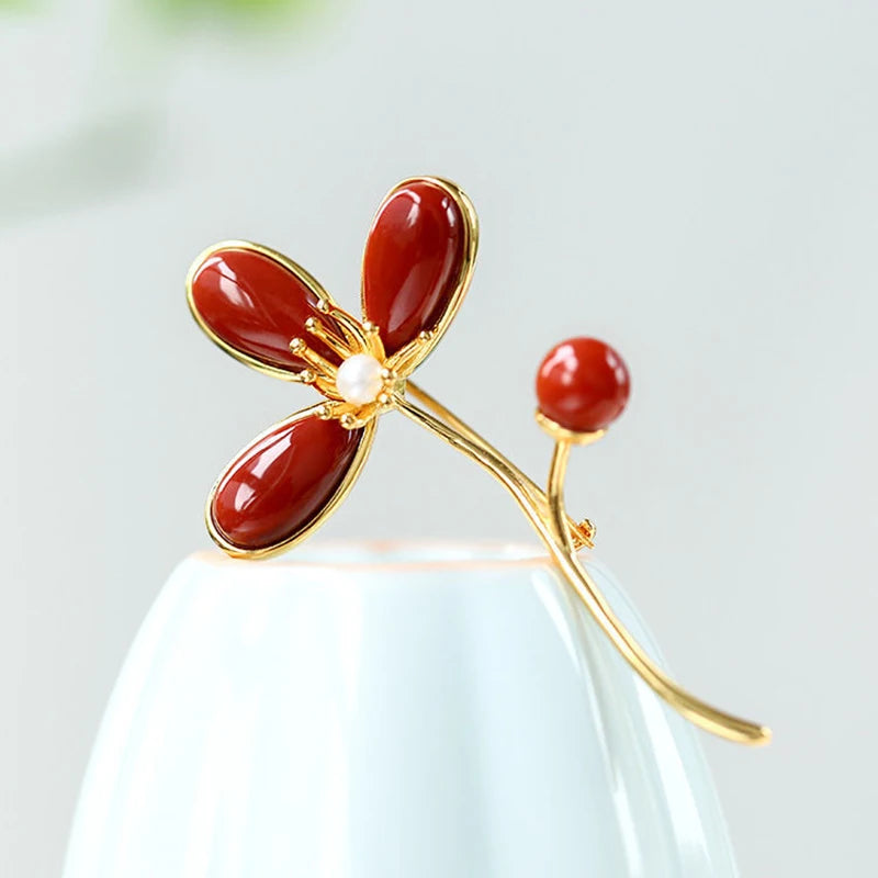 Southern Red Tourmaline Clover Pearl Brooch Women's Delicate Charm Jewelry