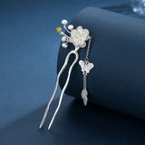 Handcrafted Butterfly Pearl Tassel Silver Hairpin for Hanfu