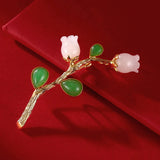 Hetian Pink Jade Flower Green Chalcedony Brooch Chinese Cheongsam Corsage