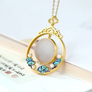Vintage Enamel Porcelain Pearl Ladies Necklace Pendant
