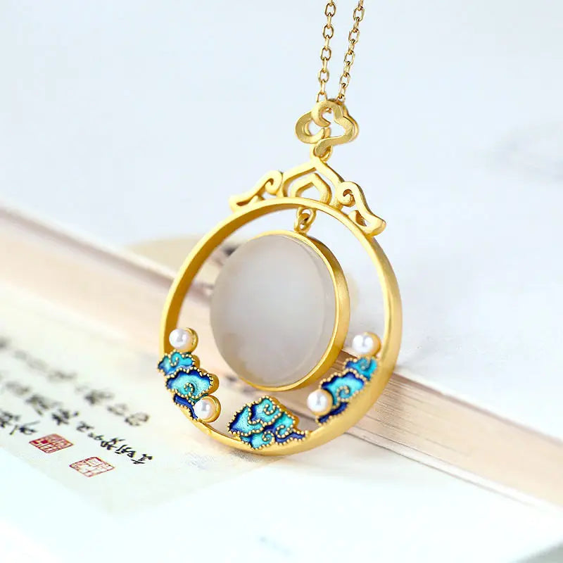 Vintage Enamel Porcelain Pearl Ladies Necklace Pendant