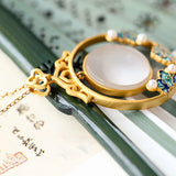 Vintage Enamel Porcelain Pearl Ladies Necklace Pendant