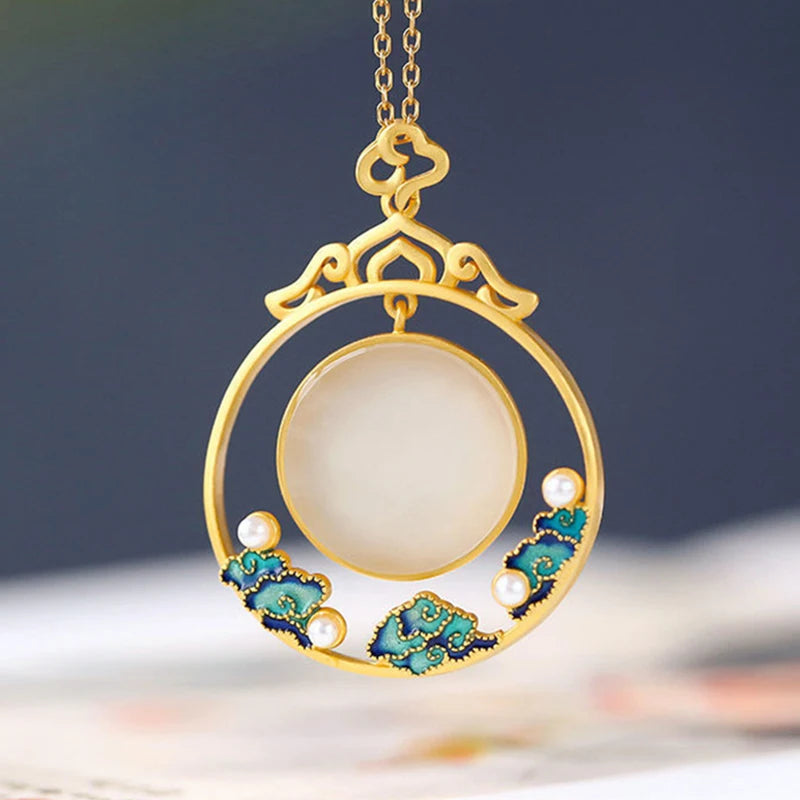 Vintage Enamel Porcelain Pearl Ladies Necklace Pendant