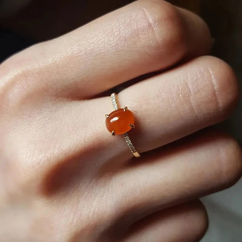 Natural Ice Seed Chalcedony Egg Round Opening Adjustable Ring Silver Jewelry
