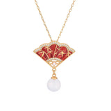 Enamel Red Fan Pendant with Hotan Jade Bead Necklace