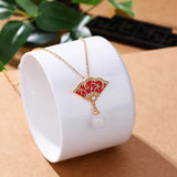 Enamel Red Fan Pendant with Hotan Jade Bead Necklace