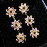 Pink Crystal Flower Long Earrings - Sweet & Light Ladies Jewelry