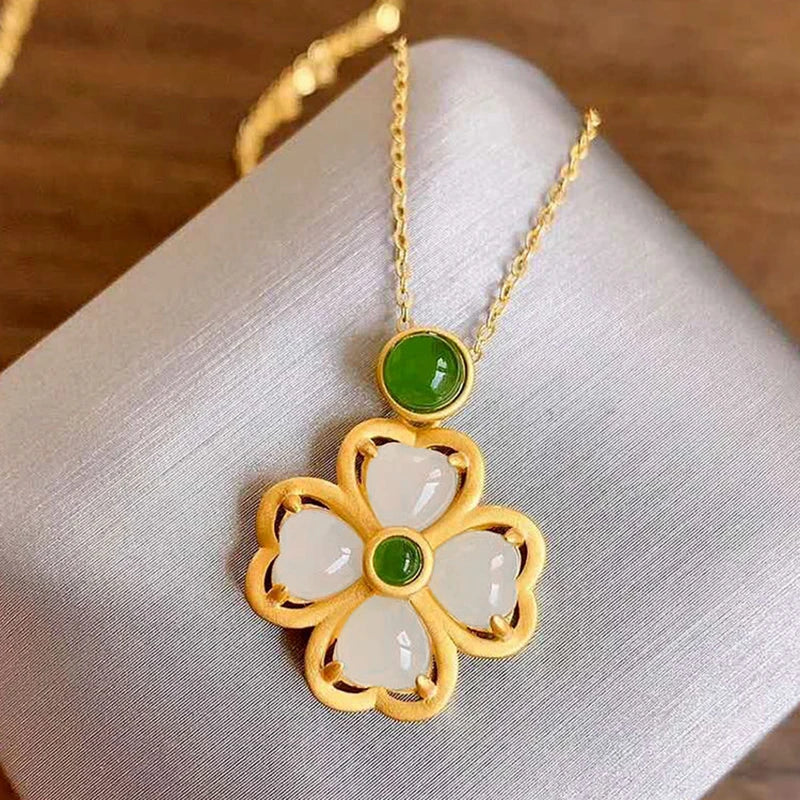 Hetian Jade Flower Necklace Pendant, Chinese Palace Jewelry