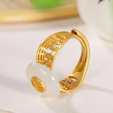 Gold-Plated Hetian Jade Round Open Ring Charm Silver Jewelry