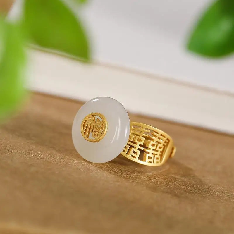 Gold-Plated Hetian Jade Round Open Ring Charm Silver Jewelry