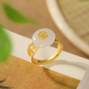 Gold-Plated Hetian Jade Round Open Ring Charm Silver Jewelry