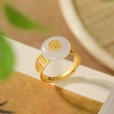 Gold-Plated Hetian Jade Round Open Ring Charm Silver Jewelry