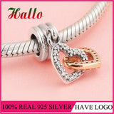 Interlocked Hearts Dangle Charm Crystal Beads Fit bracelet