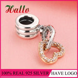 Interlocked Hearts Dangle Charm Crystal Beads Fit bracelet