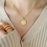 Celeb The Same Sun Star Moon Pendant Necklace Titanium Steel Gold-Plated