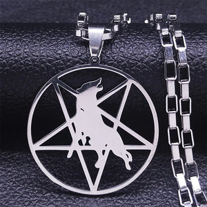 Inverted Pentagram Wolf Silver Necklace