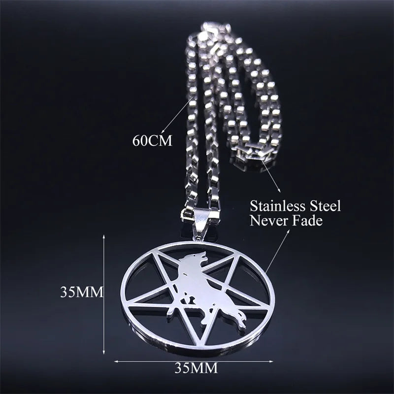 Inverted Pentagram Wolf Silver Necklace