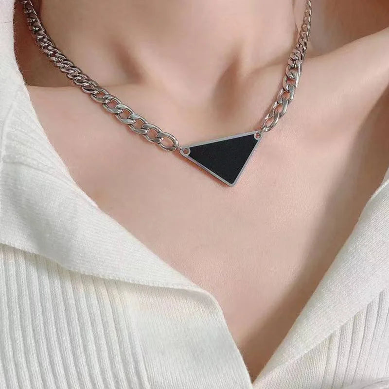 Inverted Triangle Necklace Metal Label Pendant Street Men Women Collarbone Chain